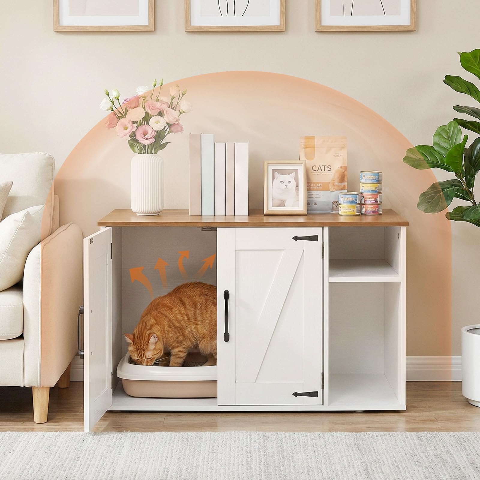 HOOBRO Mueble Arenero para Gatos Estilo Vintage, Caseta para Gatos Oculta, Caja para Mascotas, Mesa Auxiliar Multifuncional, Caja de Arena para Gatos Fácil de Montar, Blanco y Nogal EWH41MW01