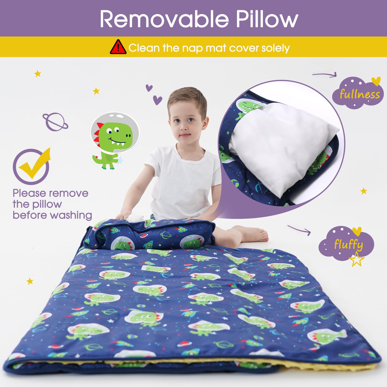 Colchoneta Siesta Infantil Con Almohada Y Manta - 125 X 50 Cm, Estampado De Dinosaurios, Antipatadas, Portátil Para Guardería Y Viajes