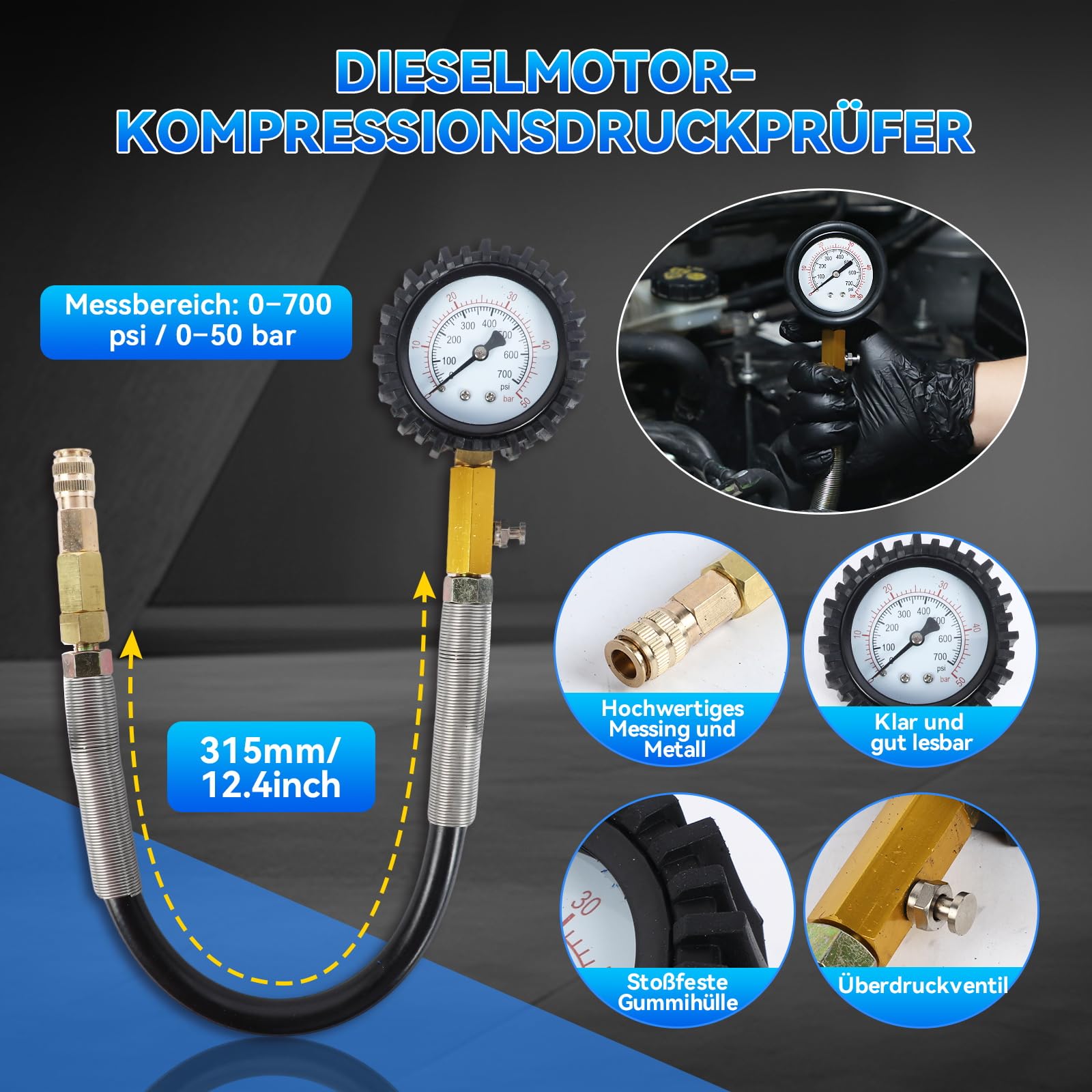 Set di 47 tester di compressione per motori a benzina e diesel, 0-50 bar, tester di compressione diesel a doppio manometro, per motori HDI, TDCi e pompa
