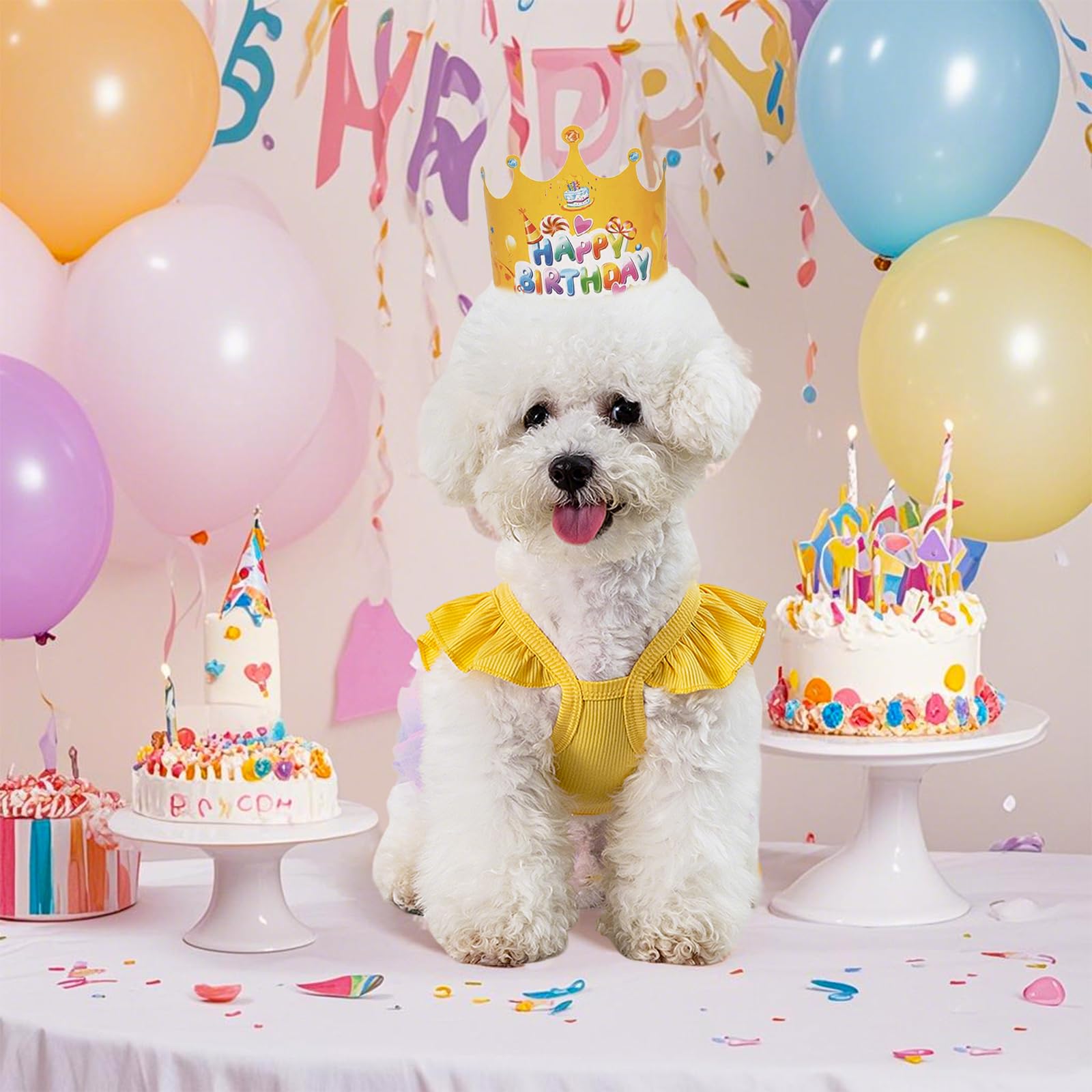 Abito per cani Compleanno Tutù Senza Maniche Volant Gonna Tulle Pizzo Giallo XS 1.8-3kg
