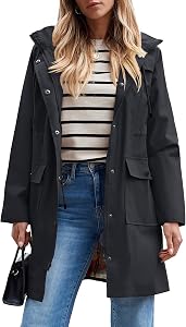 SaphiRose Women's Waterproof Rain Jacket Lightweight Raincoat Hooded Windbreaker Trench Coat