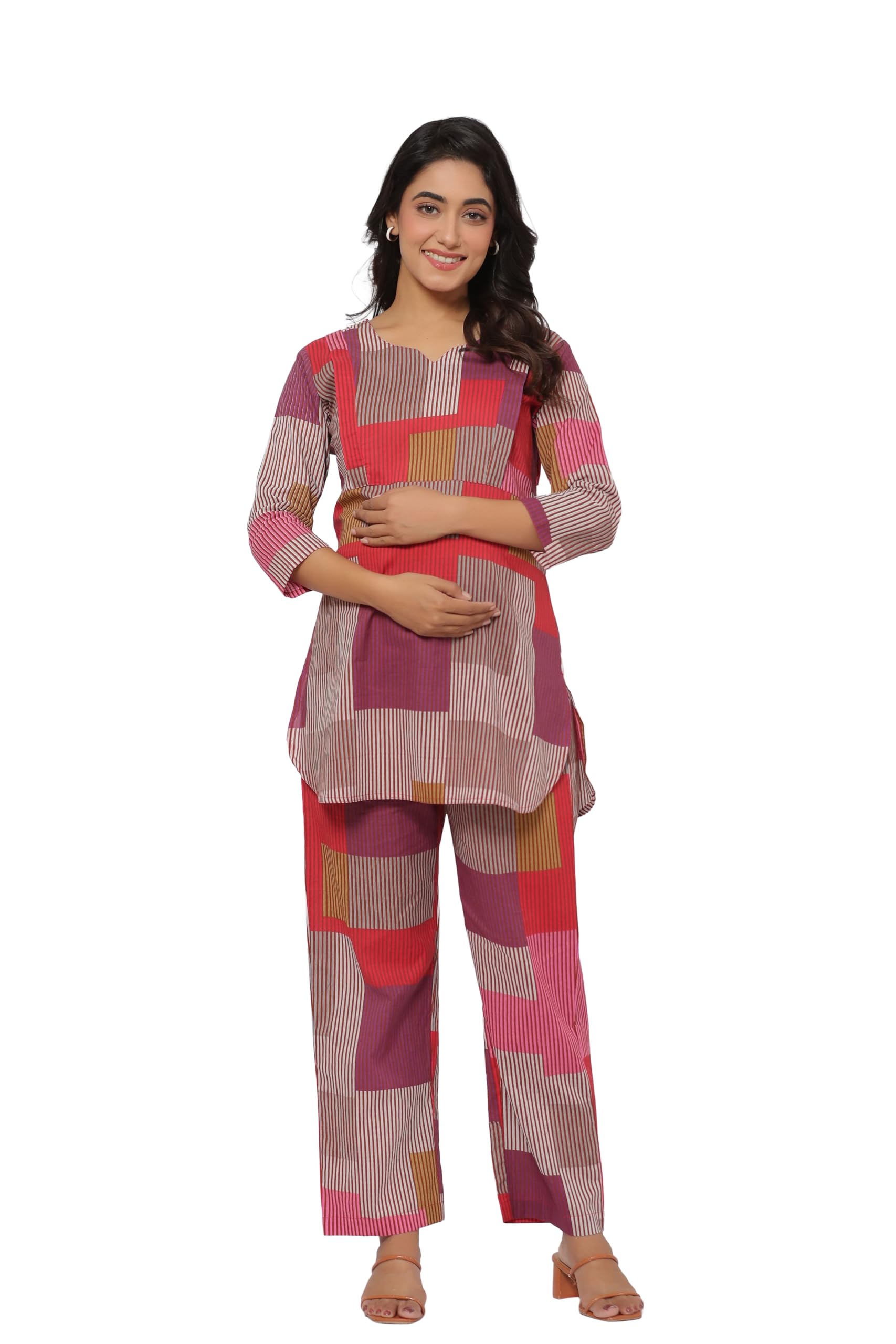 Pre & Post Maternity/Nursing Wear Hand Printed Night Suits/Night Dress Co-ord Set with Both Sides Zipper for Easy Feeding for to Be Moms & Nursing Mothers Pure Cotton Cherry Multi-image-42