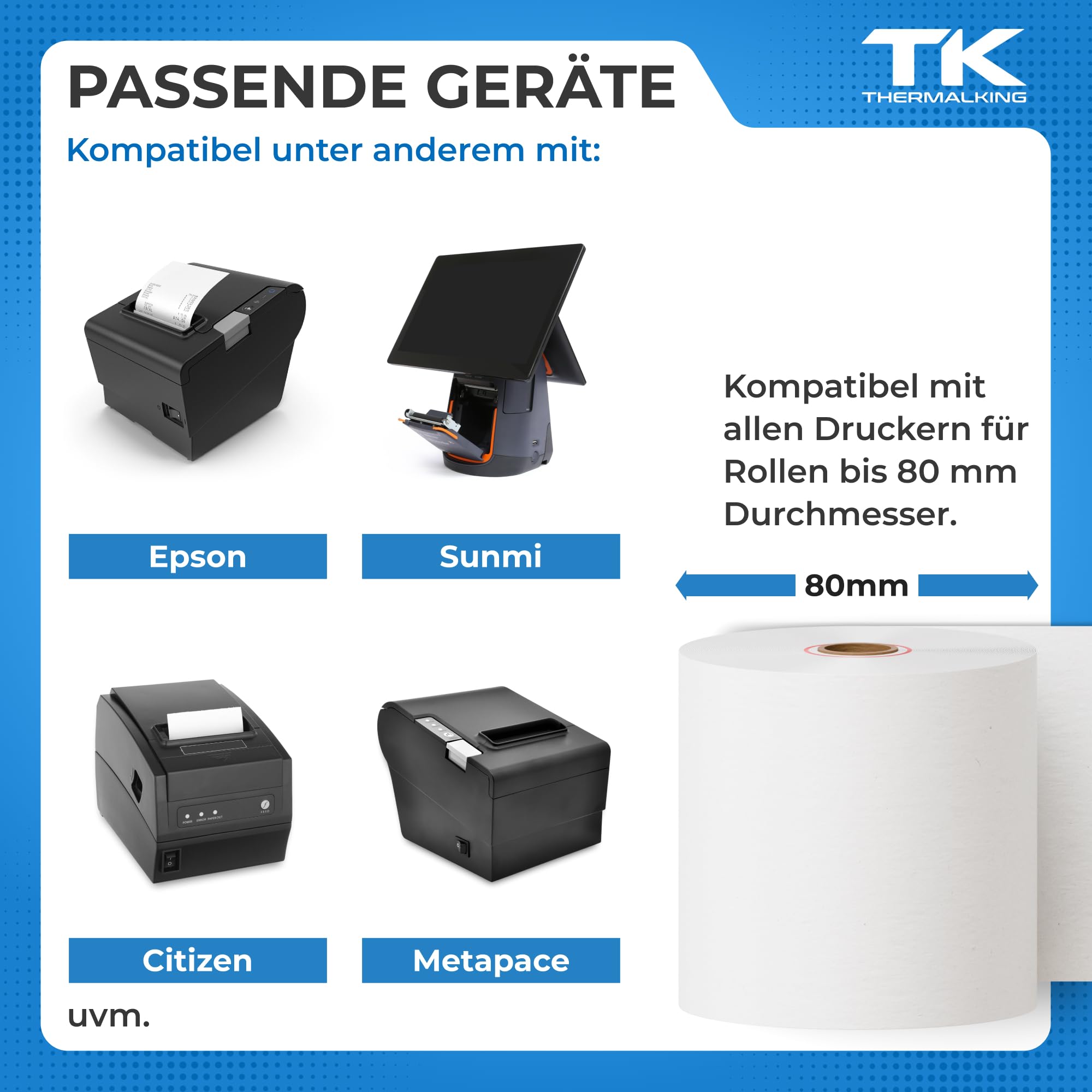 Thermorollen 80x80x12 mm Bonrollen BPA-frei 50 Stk f. Kasse | Geeignet für Drucksysteme mit Papierbedarf bis 80 m · BPA-frei · FSC · deutsche Marke · für POS-Kassen & Bondrucker