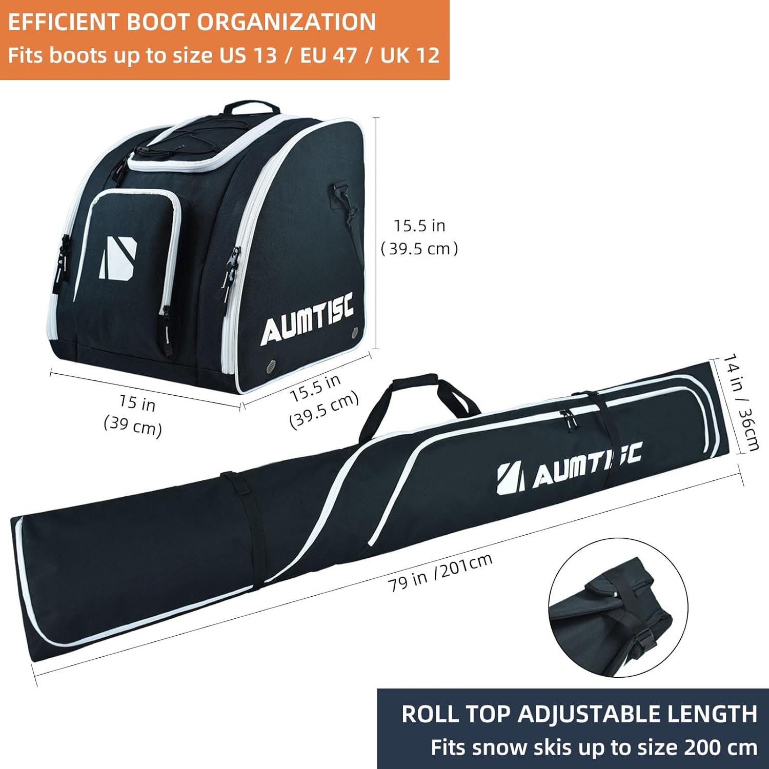 AUMTISC Padded Ski and Boots Bag Combo for Air Travel Flying, Skis Bags Adjustable Length for Skis Up to 200cm and Boots Up to Size 13