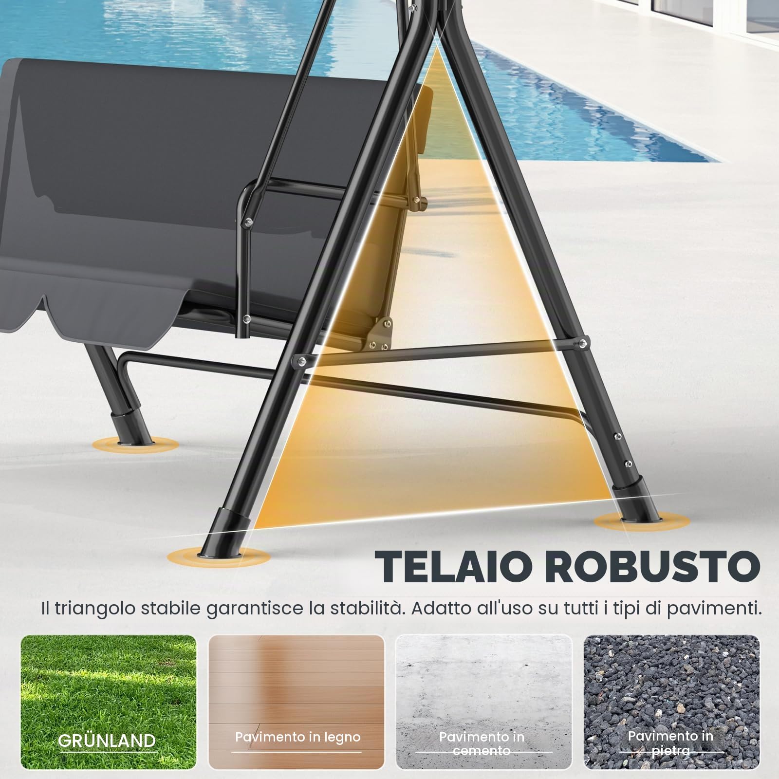 Dondolo da giardino a 3 posti, per esterni, con tettuccio parasole regolabile, piedini antiscivolo, resistente alle intemperie, altalena, portata 200 kg, colore: antracite