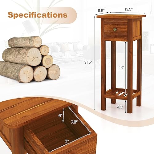 Miniatura 3 de DORTALA Mesa auxiliar, mesa auxiliar de 2 niveles con estante de almacenamiento y cajón, mesita de noche estrecha para espacio pequeño, muebles de