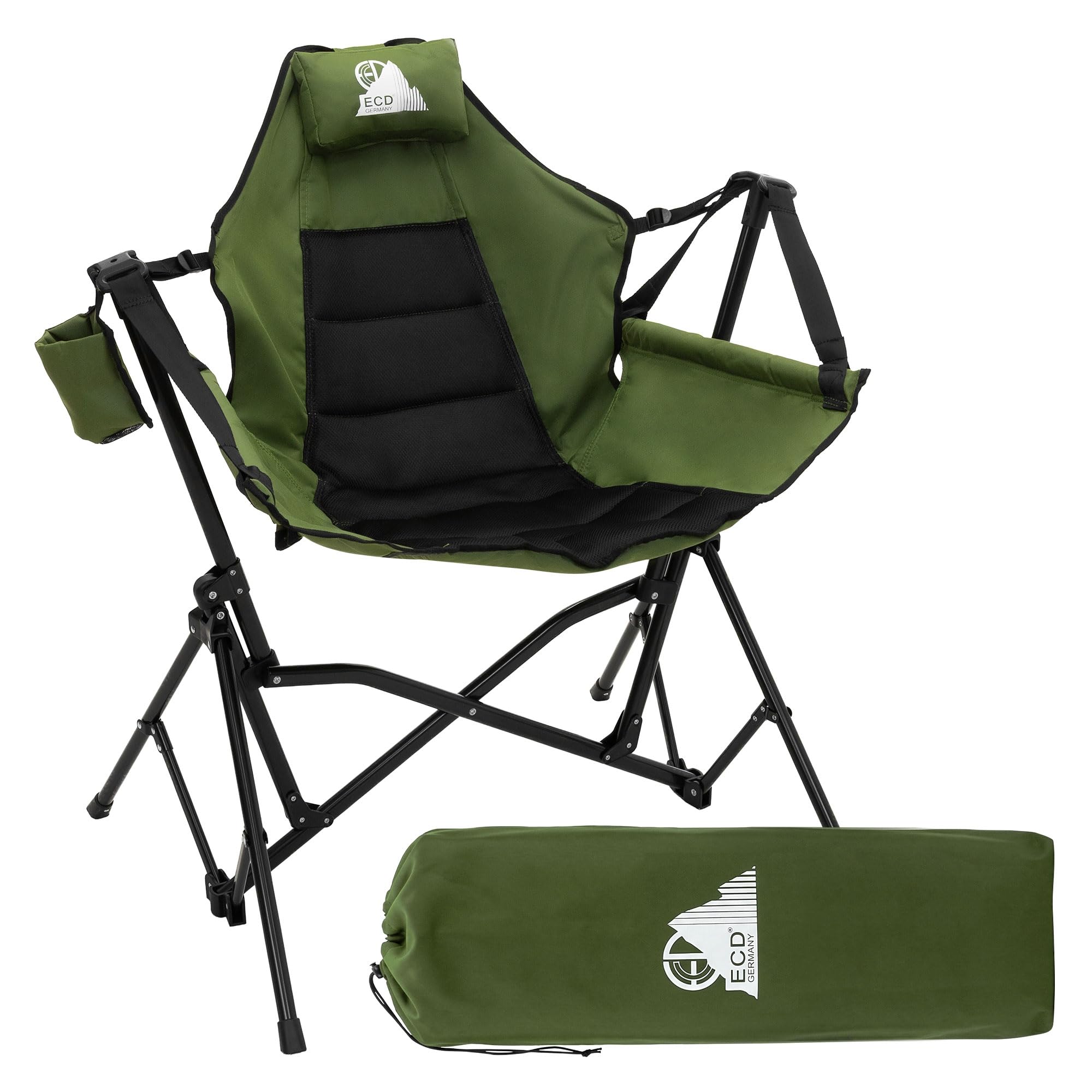 ECD Germany Skladane Krzeslo Campingowe Khaki Krzeslo Wedkarskie Bujany z Metalowa Konstrukcja Regulowane Wysokie Oparcie z Zaglówkiem Uchwyt na Napój Torba Fotel Outdoor na Camping Wedkowanie Ogród
