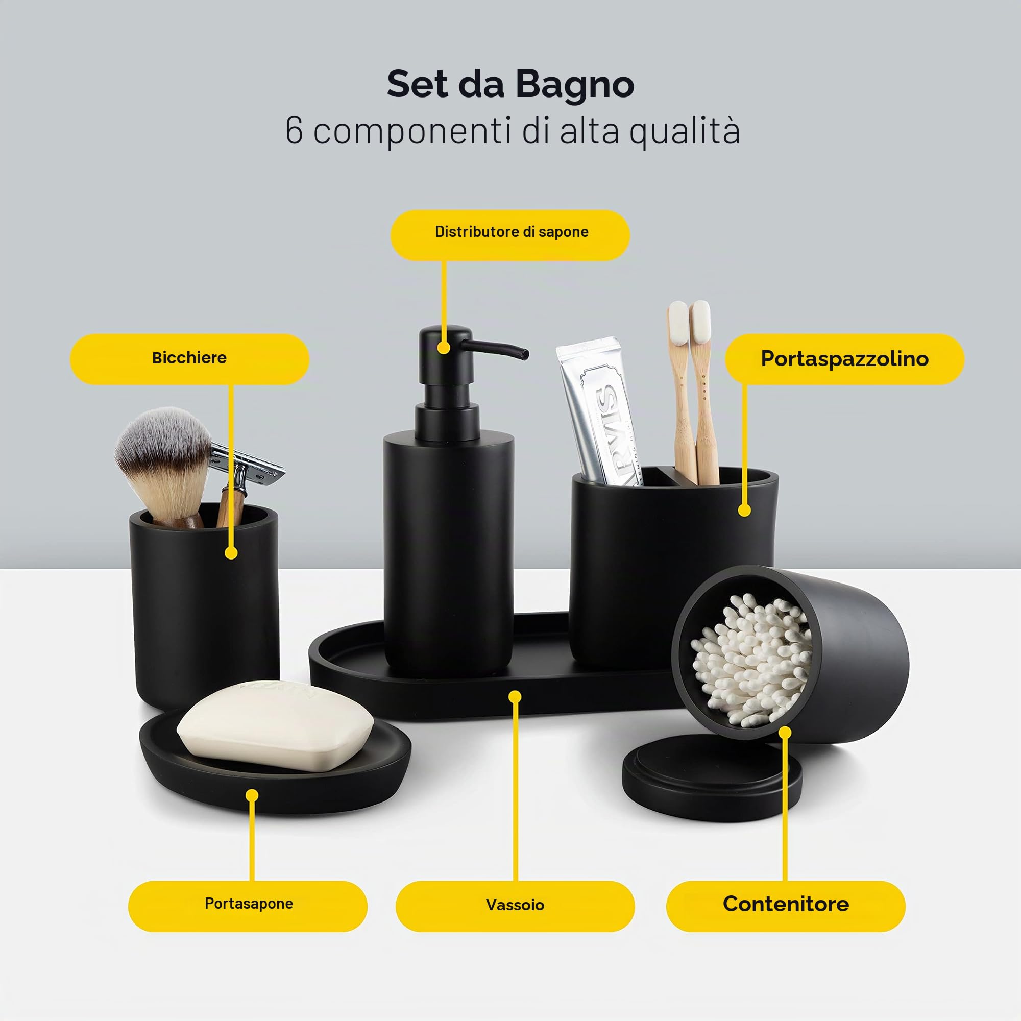 Set di accessori da bagno di alta qualità, 6 pezzi, nero opaco, come organizer per il bagno e decorazione, dispenser per sapone, contenitore per riporre i bicchieri, accessori da bagno