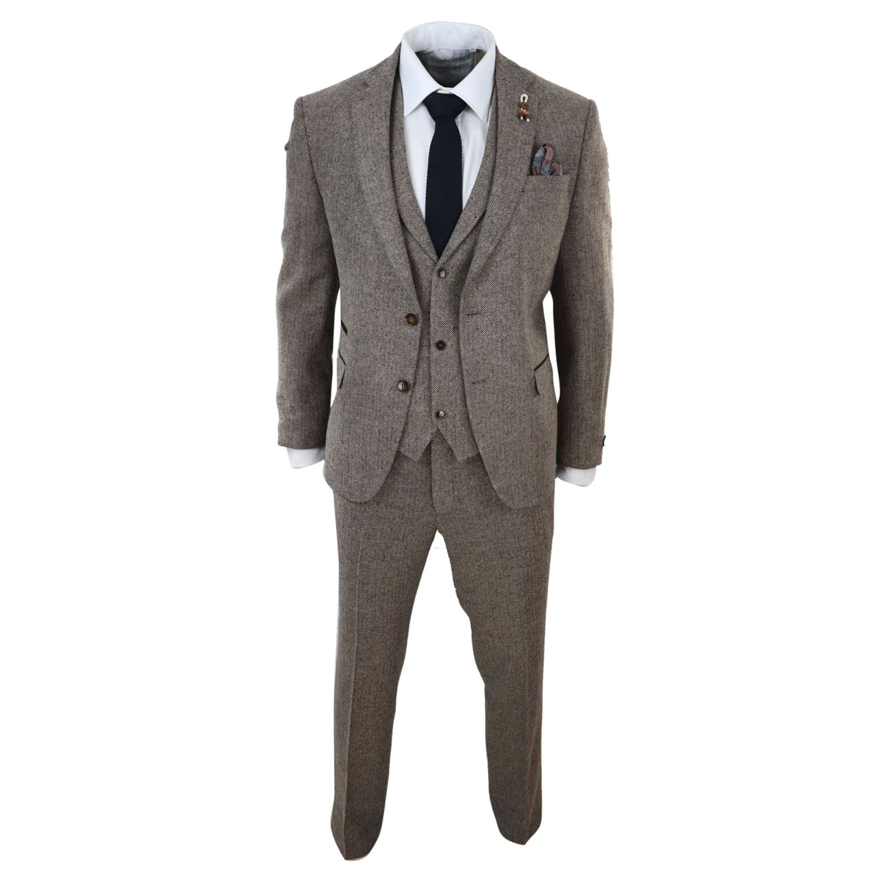 Truclothing Men's Oak 3 Piece Tweed Suit Herringbone Wool Vintage Retro Fit