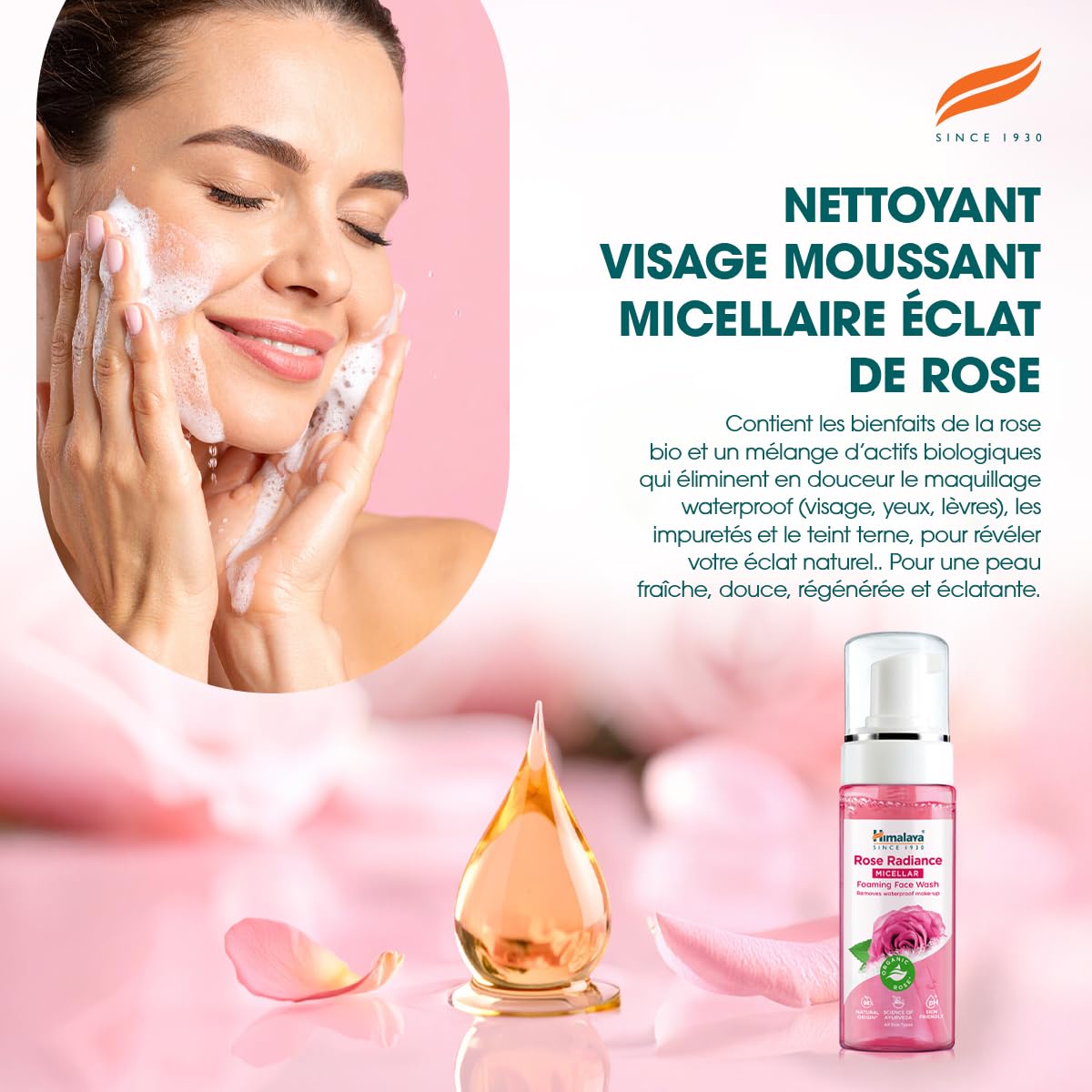 Himalaya Rose Radiance Nettoyant moussant micellaire pour le visage, élimine le maquillage imperméable, 150 ml