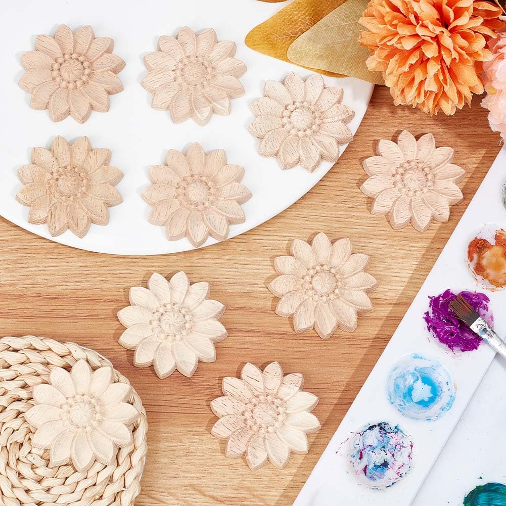 GORGECRAFT 4pz Applique in Legno Rotonde Onlay 10cm Non Verniciato in Legno Intagliato con Fiori Intagliati Decalcomanie Decorative per Armadio A Muro Specchio Mensola del Camino Porta Letto