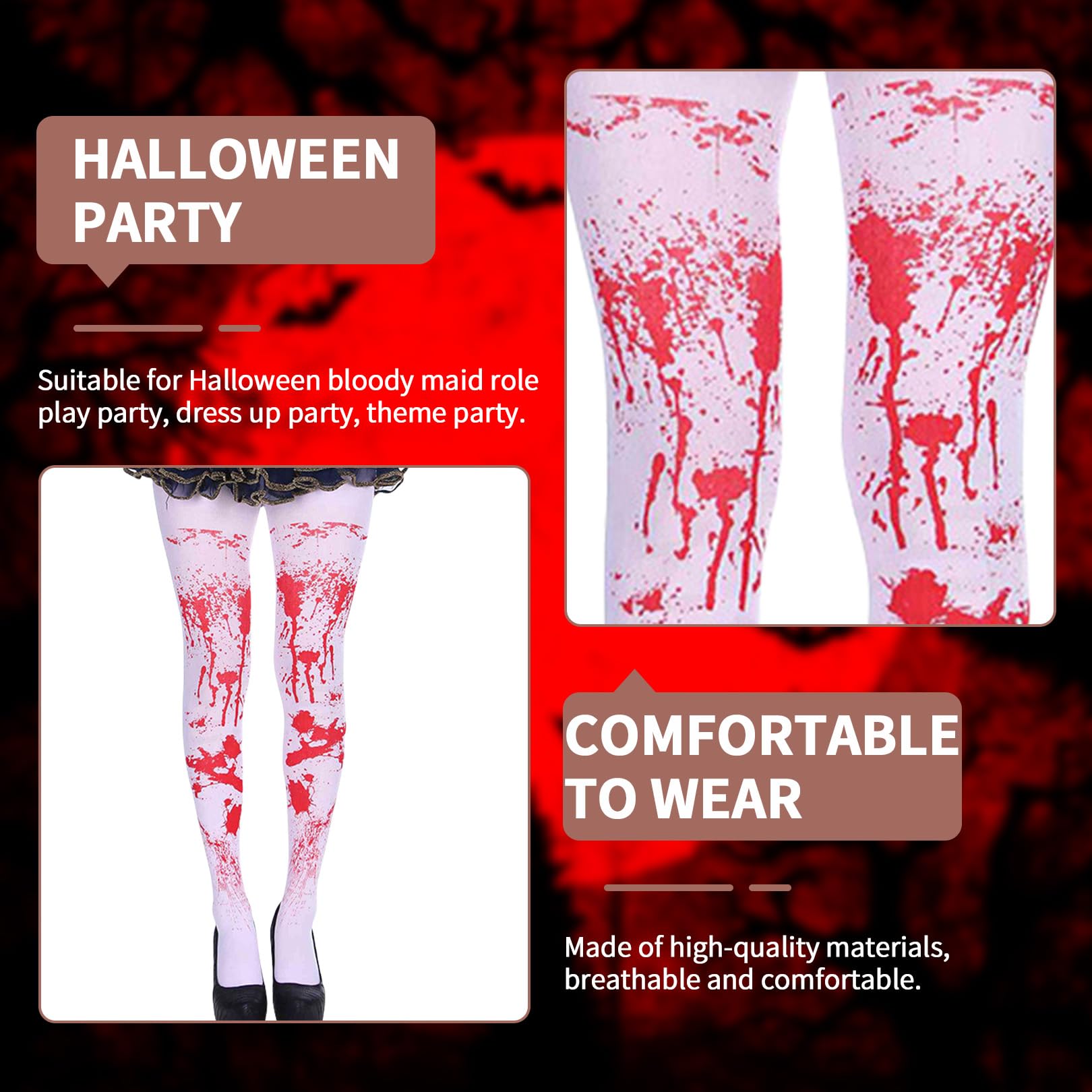 Halloween Tights for Women UK,Kids Adults Blood Stained Tights,Girls Zombie Cheerleader Horror Costume Fake Bloody Socks,White And Red Girl Nurse Leggings,for Haloween Clown Bride Costumes Accessories - Image 3