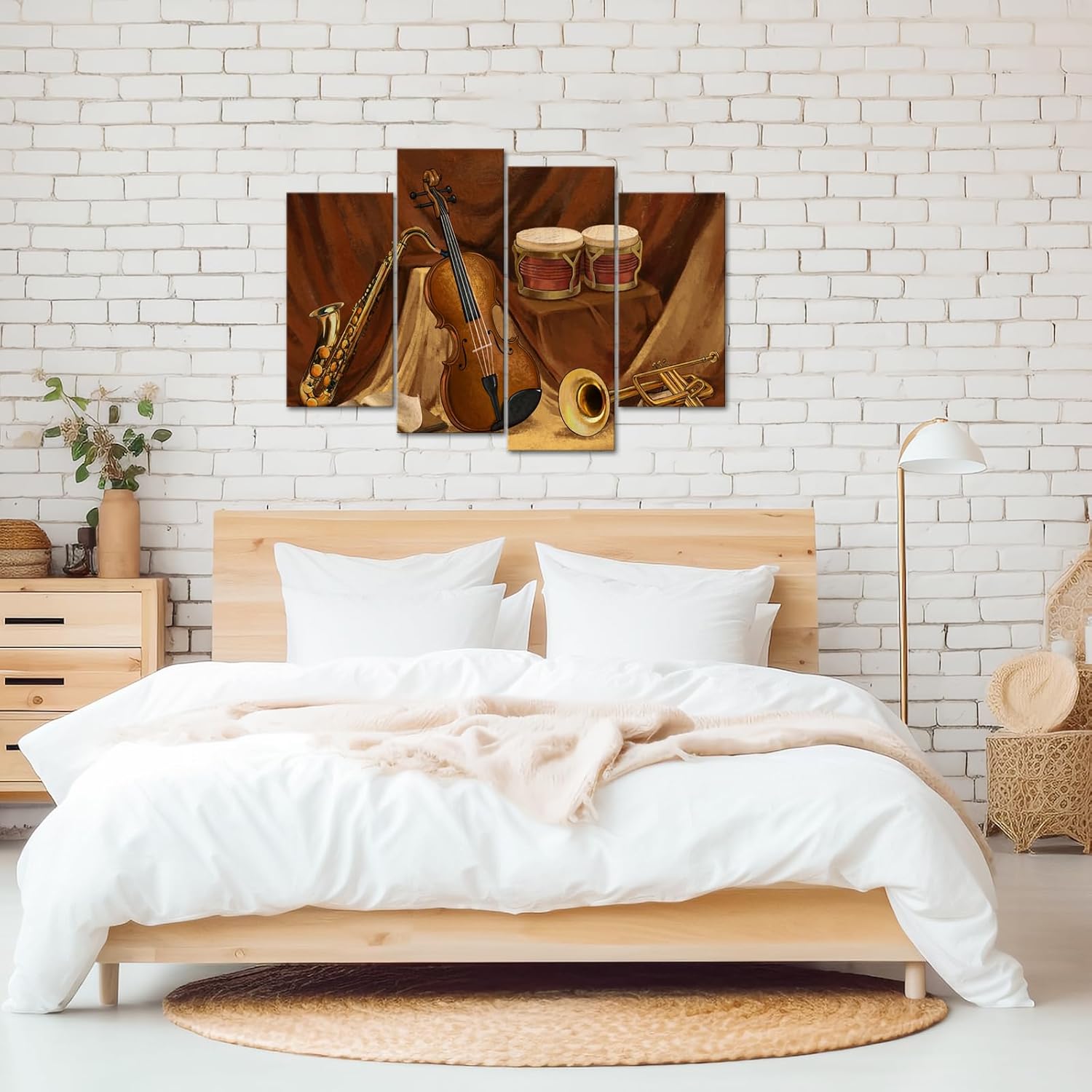 Conipit Musical Instrument Wall Art Vintage Music Theme Wall Canvas Violin Saxophone Drum Trumpet Artwork Picture for Home Music Room Instrument Store Decor Framed 48''x32''