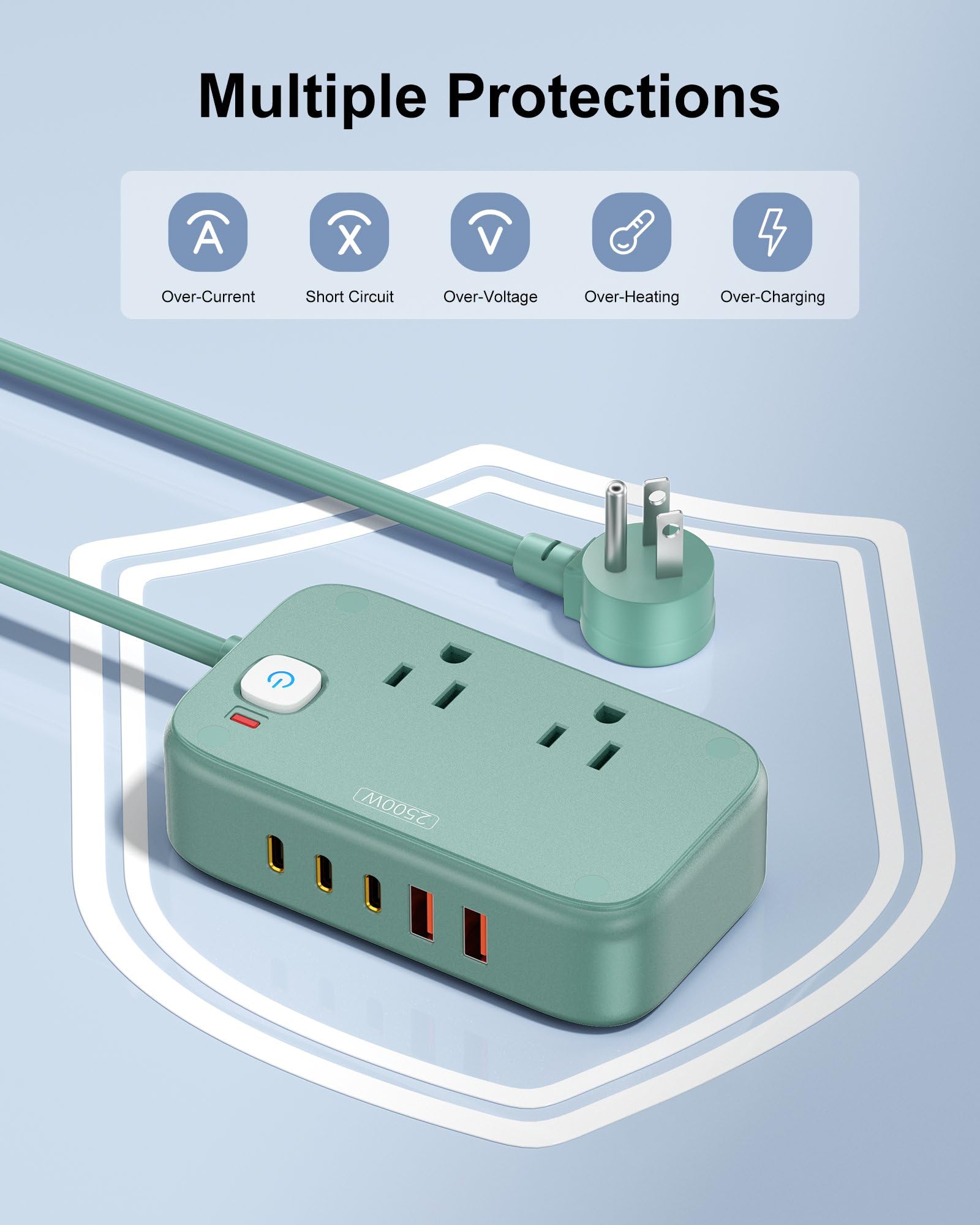 Regleta de alimentación con USB C - Estación de carga de 40 W con 2 tomas, 3 USB C y 2 USB A - Cargador para múltiples dispositivos, cable de extensión de enchufe plano de 5 pies para