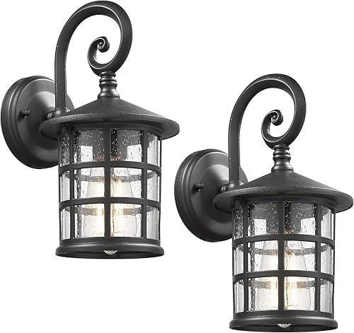 Emliviar XE222B-2PK BK - Luces de pared exteriores para casa, vidrio sembrado en acabado negro, paquete de 2 unidades