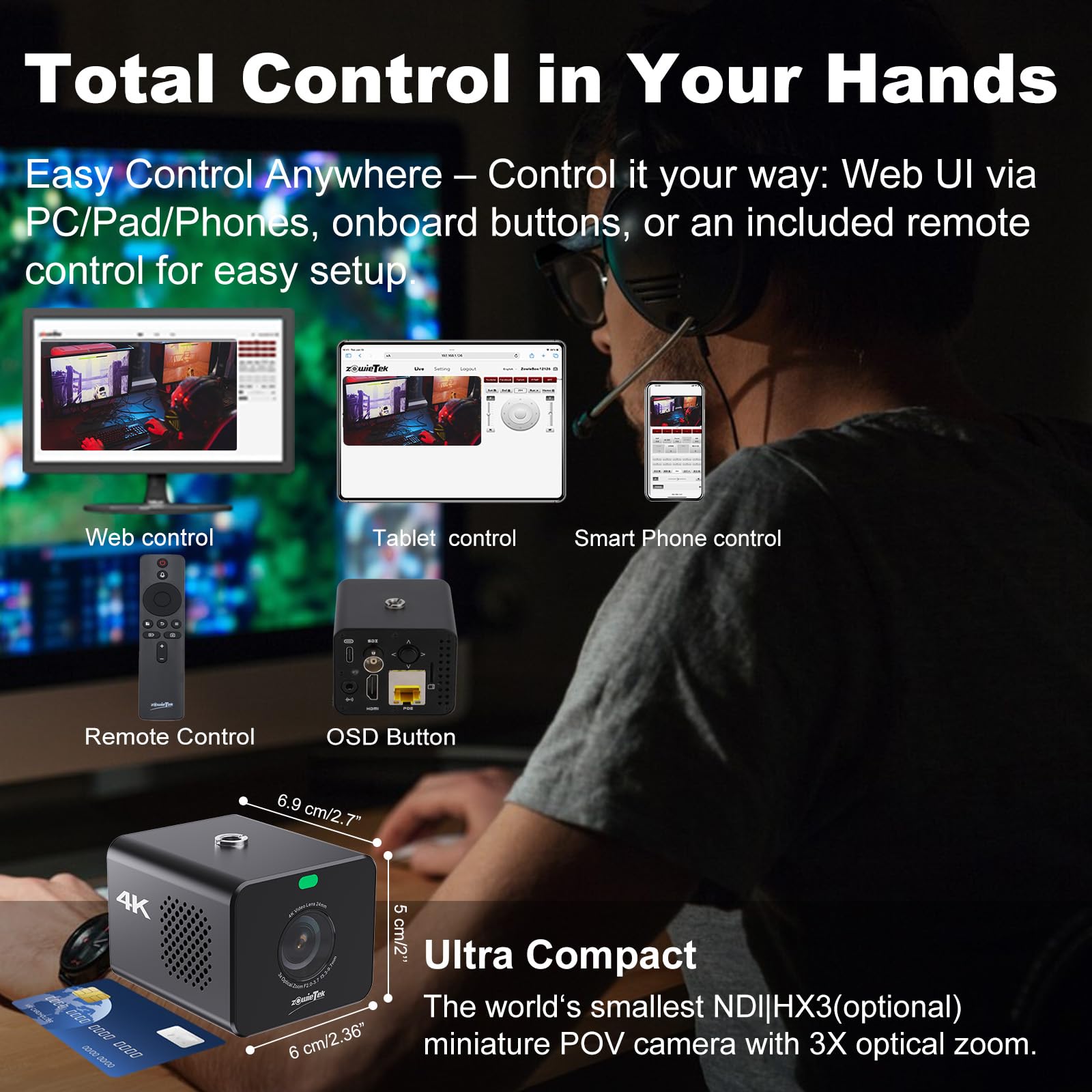 zowietek Kamera 4K POV z zoomem NDI|HX3, ZowieCam, automatyczne ustawianie ostrości, wyjście SDI, HDMI i UVC, 3-krotny zoom optyczny, kompaktowy rozmiar, mobilne elastyczne sterowanie, zasilanie PoE