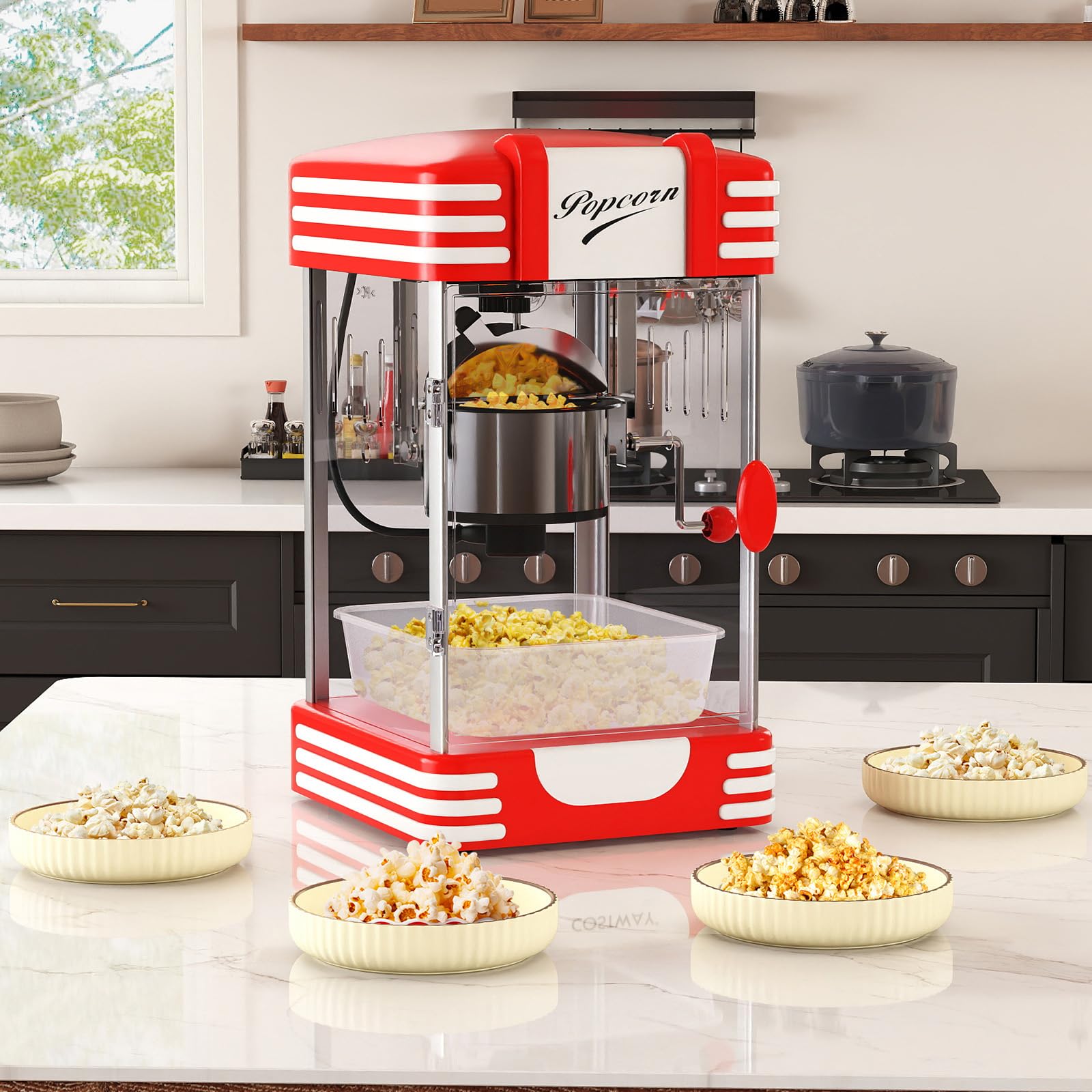 LIFEZEAL Macchina Popcorn 1200W, Riscaldamento e Mantenimento Caldo, Macchinetta Pop Corn Elettrica con 2 Misurino, Contenitore in Acciaio Inossidabile e Vassoio Rimovibile, Condimento Personalizzato