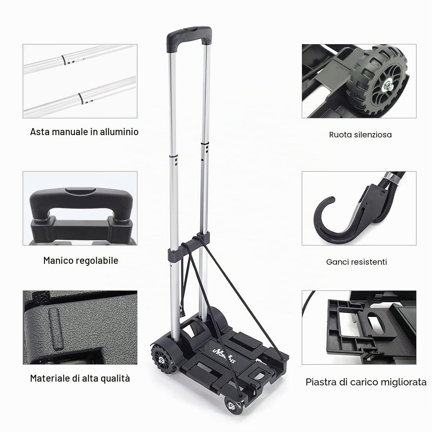 ZHJINGYU Carrello Pieghevole Alluminio 45KG - 4 Ruote Glissevoli + Asta Telescopica - Con 2 Corde Espansione - Ideale per Viaggi, Traslochi & Uffici (Portatutto con Ruote)