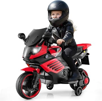 OLAKIDS 6V Kids Motorcycle with Training Wheels, Horn, Music, Headlight for Boys Girls Aged 3+ Years Red