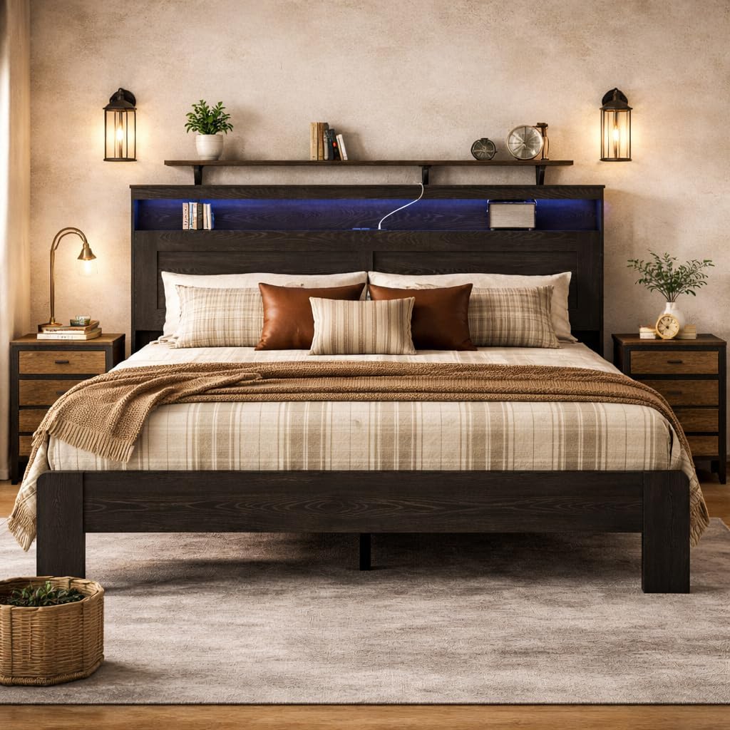 Wooden King Size Bed Frame with Headboard, Rustic Farmhouse Platform Bedframe with Wood Slat Support, Sturdy and No Noise, Easy Assembly (Light Brown/Linear Headboard, King)