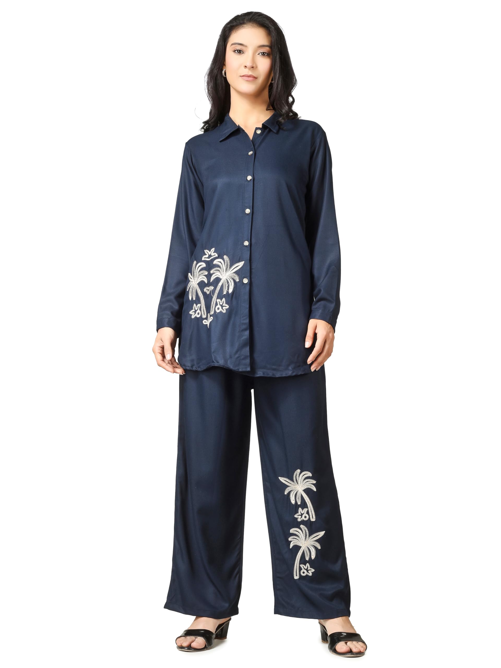 Casual Women’s Rayon Two Piece Outfit – Embroidered Button Down Shirt Top with Two Pocket Wide Leg Pants Co-Ord Set with Palm Tree-image-0
