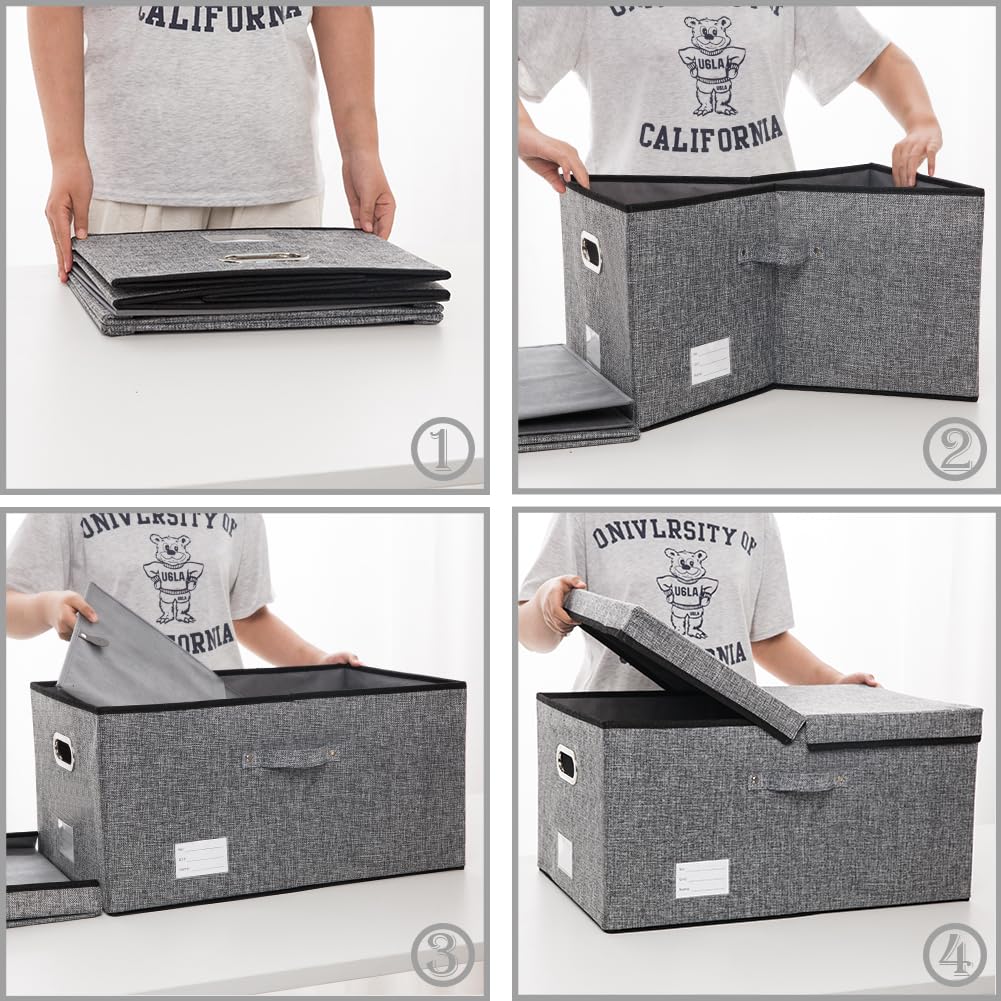 Prandom Grande Boîtes de rangement pliable avec couvercle,[Lot de 3] bacs de rangement de lin décorative, Panier Cube avec poignées,gris(58x40x30cm)