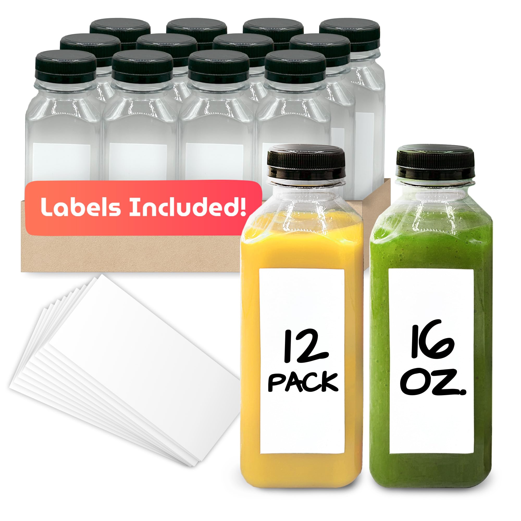 Reli.16oz PET bottle+safety black lid 12 square w/sticker