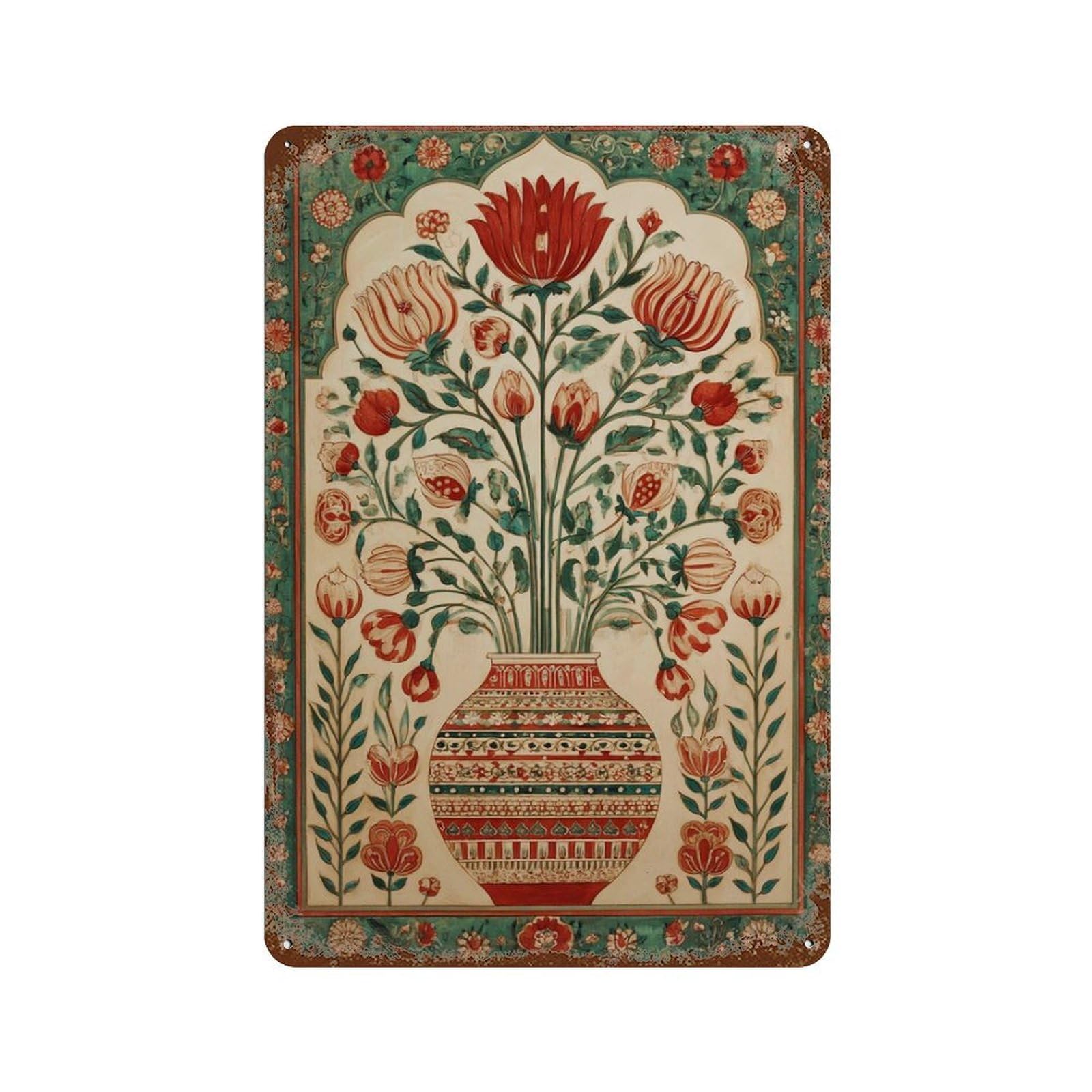 xiaoxiaoshen Persian Floral Red & Green Oriental Vase Middle Eastern Botanical Pattern Wall Decor Art Metal Tin Poster Modern Home Decor Art Home Bar Shop Decorations Vintage Sign 30x20cm