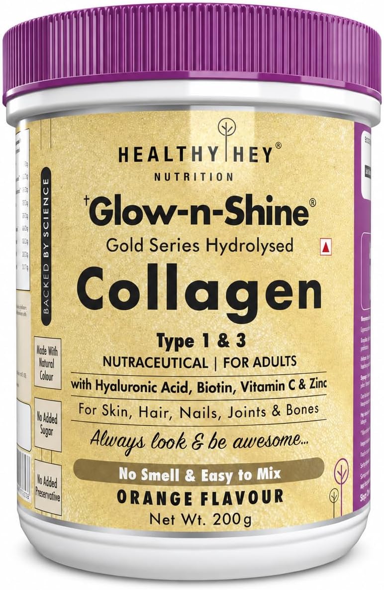 HealthyHey Nutrition Collagen Gold Series with Hyaluronic Acid, Biotin & Vitamin C - No Smell - Easy to Mix - No Added Sugar - For Skin, Hair & Nails (Orange, 200gm)