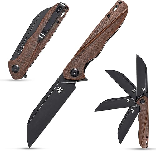 Sitivien ST103 - Cuchillo plegable, hoja de acero D2, mango Micarta EDC para exteriores, campamento, caza, supervivencia (marrón)