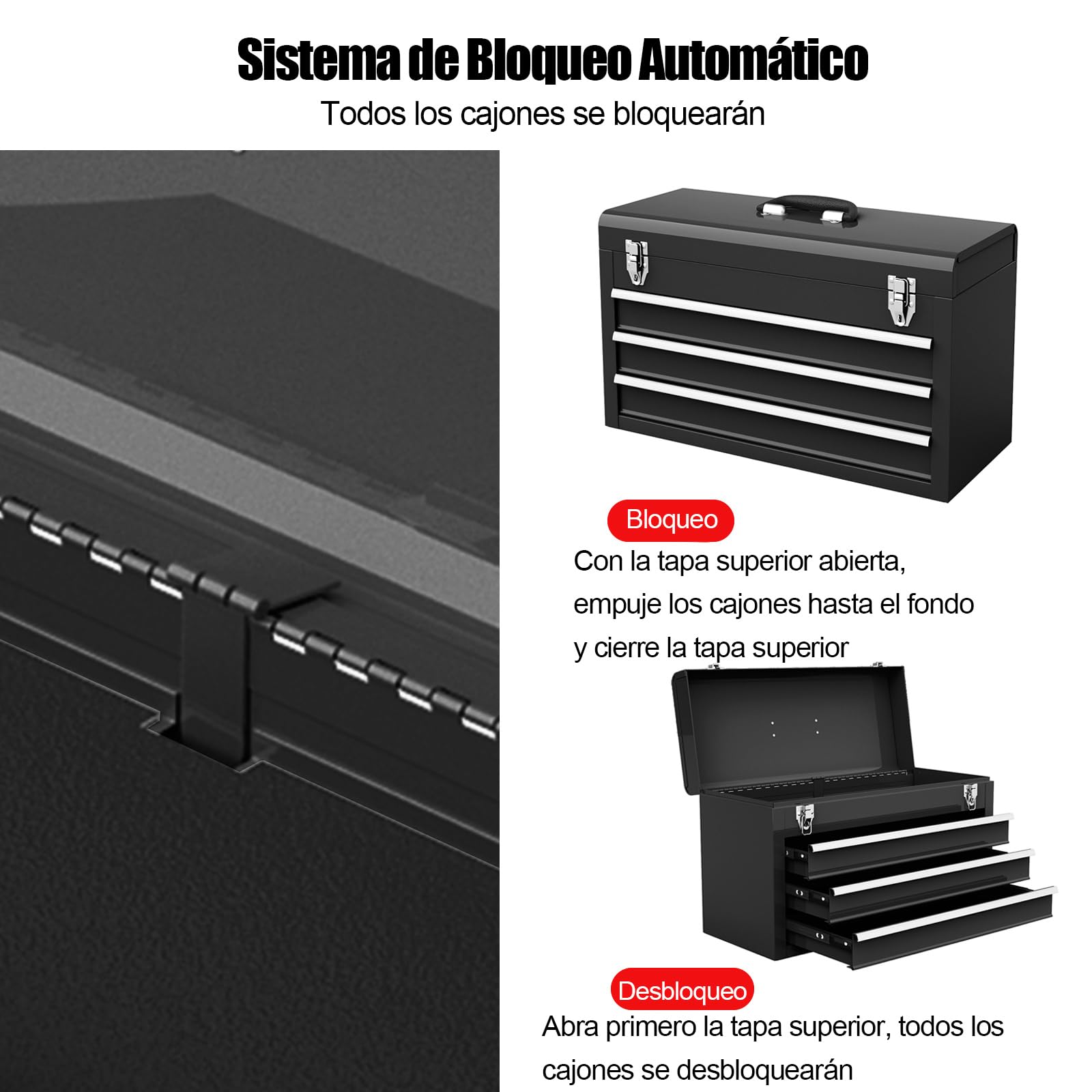 COSTWAY Caja de Herramientas de Metal Portátil, Maletín de Herramientas con 3 Cajones y Bandeja de Almacenamiento Superior, Caja Herramientas con Sistema de Doble Pestillo y Asa (Negro)
