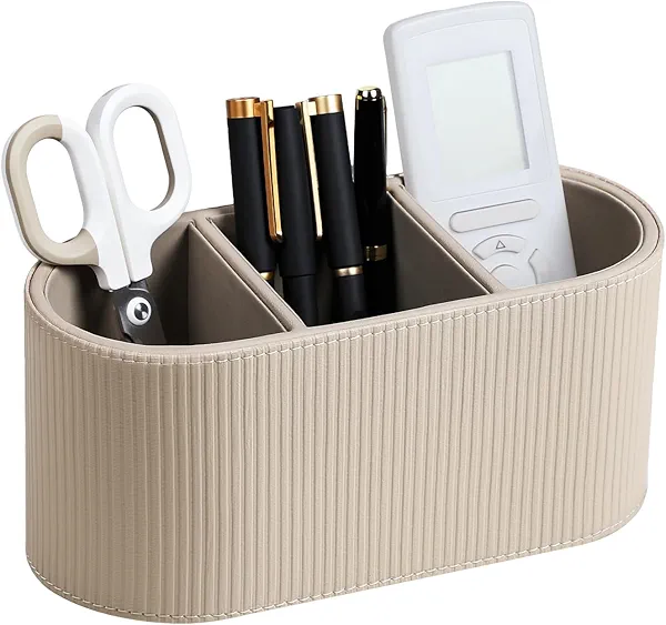 Cretkhp Aesthetic Remote Control Holder, PU Leather Pen Holder for Desk with 3 Compartments for Home Office Supplies and Accessories, Stylish Bedside Remote Holder Nightstand Desktop Organizer (Beige)