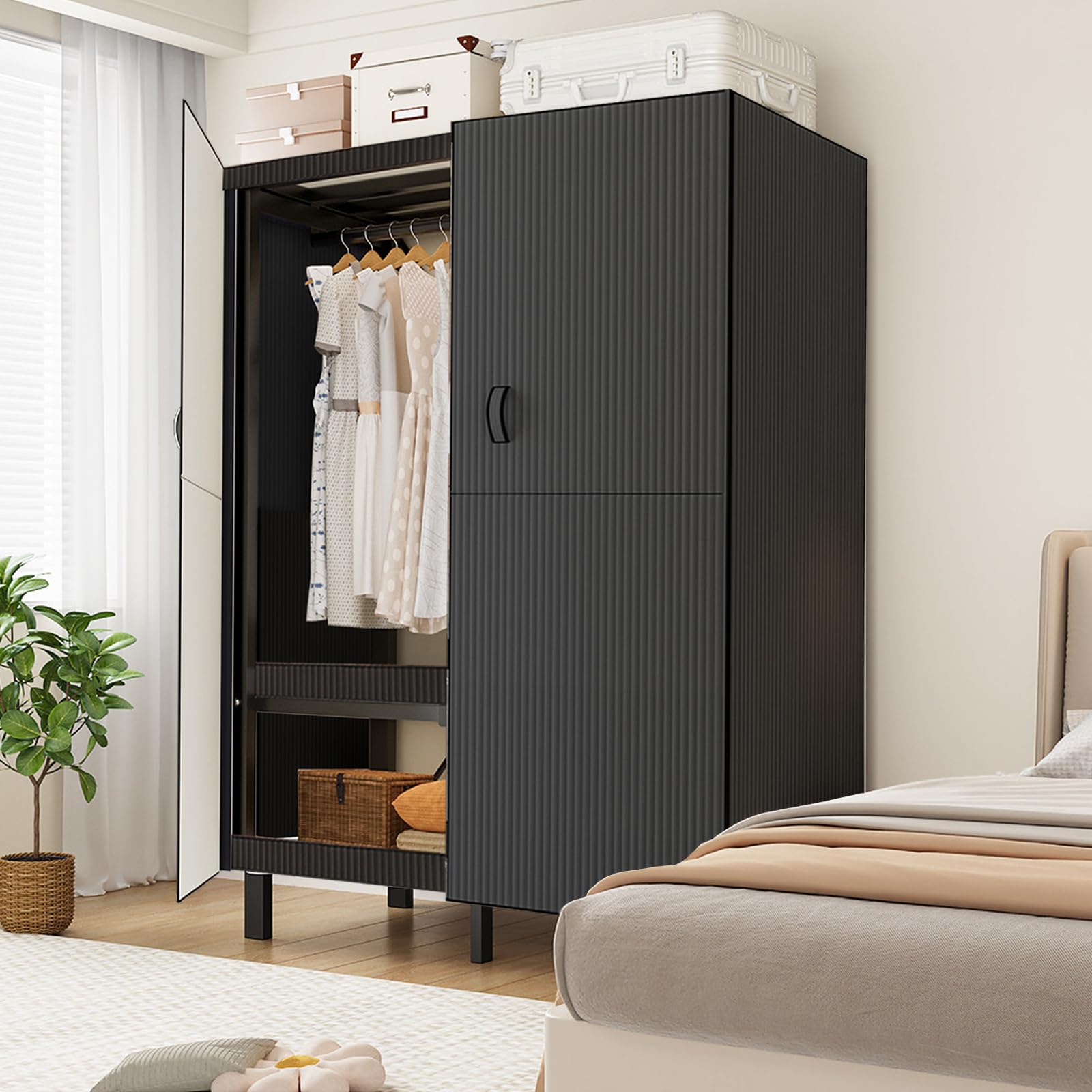 FPIGSHS Faltbarer Kleiderschrank Mit magnetischer Tür, 500 Kg, Robuster Stoffschrank, Freistehendes Garderobe-Organizer-System, Geschlossener Vorhang Drehtürenschrank Für Schlafzimmer (B, 100CM)