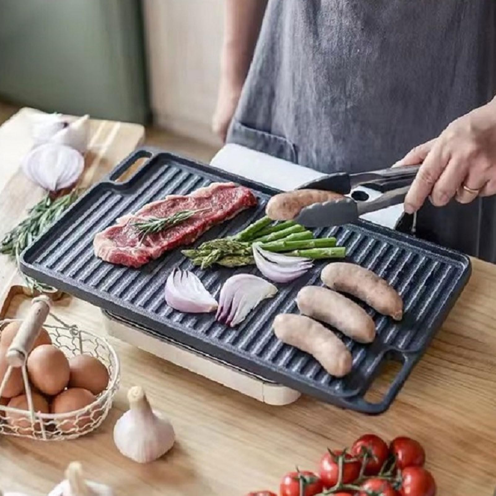 Piastra Reversibile in Ghisa, Bistecchiera a Doppia Faccia 17,9 X 10 Pollici, Calore Uniforme, Superficie di Cottura Piatta e Scanalata, Manici Cavi per Fornelli, Forno, Barbecue da