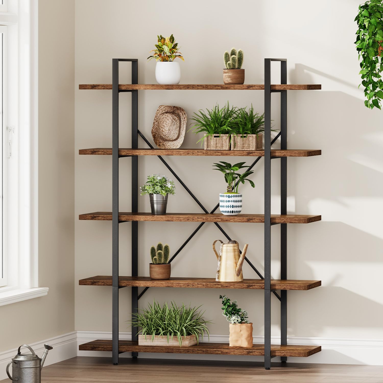HSH Bücherregal Regal mit 5 Ebenen Vintagebraun Schwarz 178 x 120 x 32 cm | TV Regal Schallplatten Regal Plattenspieler Regal für Wohnzimmer Bücherregal Metall Holz