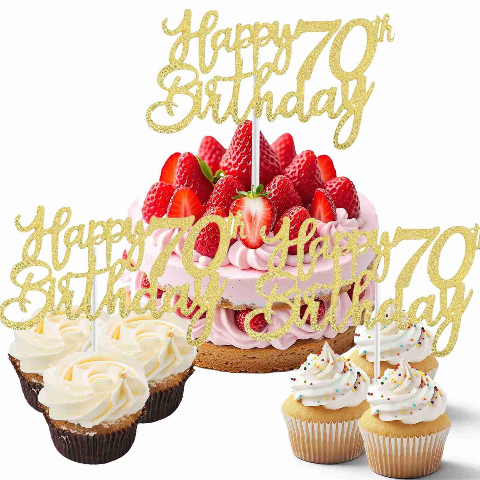 70th Birthday Cake Topper 3 Pack Glitter Gold Happy 70th Cake Decorations Sparkling Glitter Design For Milestone Celebrations Anniversary Parties And Festive Cakes