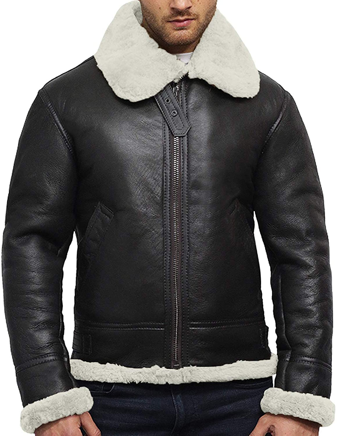 BRANDSLOCK Mens Genuine Shearling Sheepskin Leather Bomber Pilot Aviator B3 WWII Flying Cockpit Jacket Thick Wool Inside/Inner (4XL, Cream)