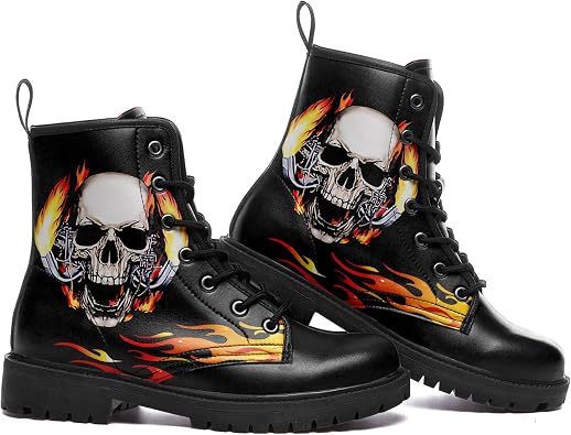 Custom Black Combat Boots for Women Fashion Lace-Up Skull Rose Ankle Booties Chunky Heel Platform Leather Boots