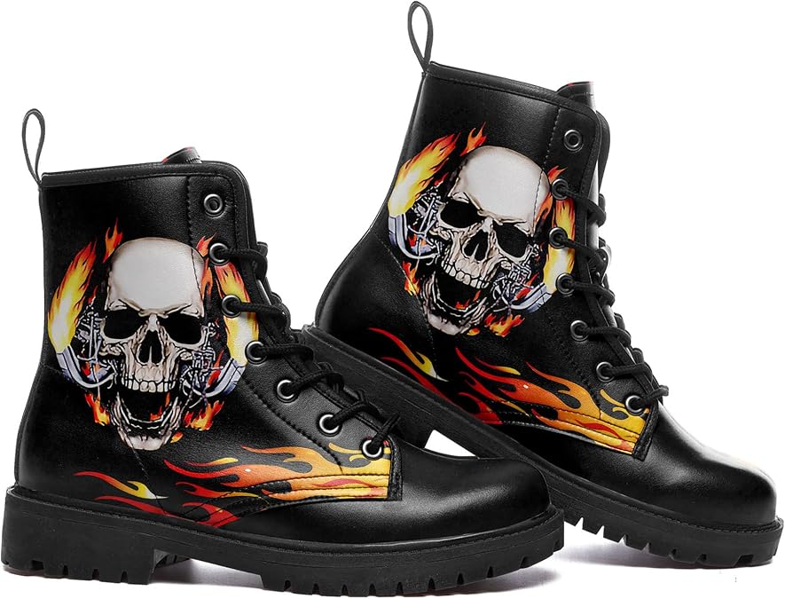 Custom Black Combat Boots for Women Fashion Lace-Up Skull Rose Ankle Booties Chunky Heel Platform Leather Boots