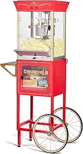Nostalgia Popcorn Maker Professional Cart, 10 Oz Kettle Makes Up to 40 Cups, Vintage Movie Theater Popcorn Machine with Interior Light, Measuring Spoons and Scoop, Red