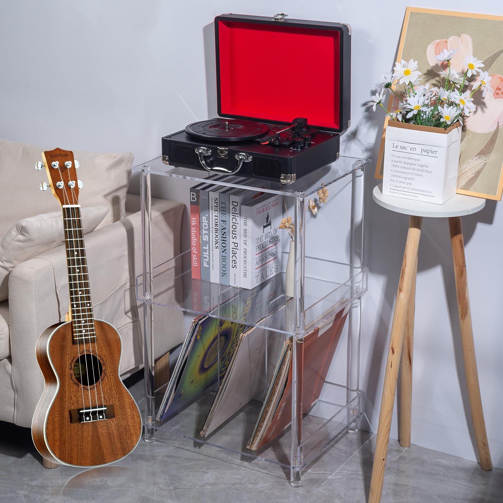 Antilope Supporto per giradischi in acrilico con contenitore in vinile, supporto per giradischi a 3 livelli, supporto fino a 200 album, grande organizer da tavolo per soggiorno, camera da letto,