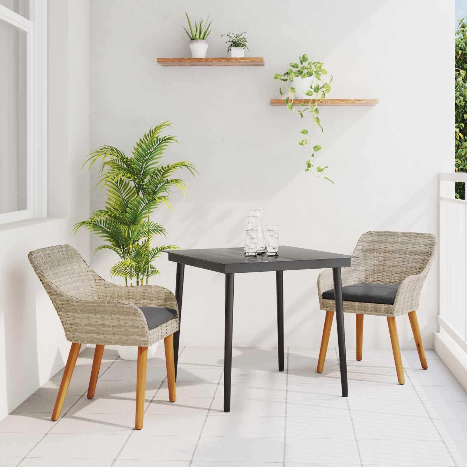 Geecher Set da Pranzo per Giardino, 3 Pezzi in polyrattan Grigio Chiaro con Cuscini Esterni, Tavolo 200x100 cm e sedie 62.5x55x82 cm, Moderno e Resistente alle intemperie for Uso all'aperto