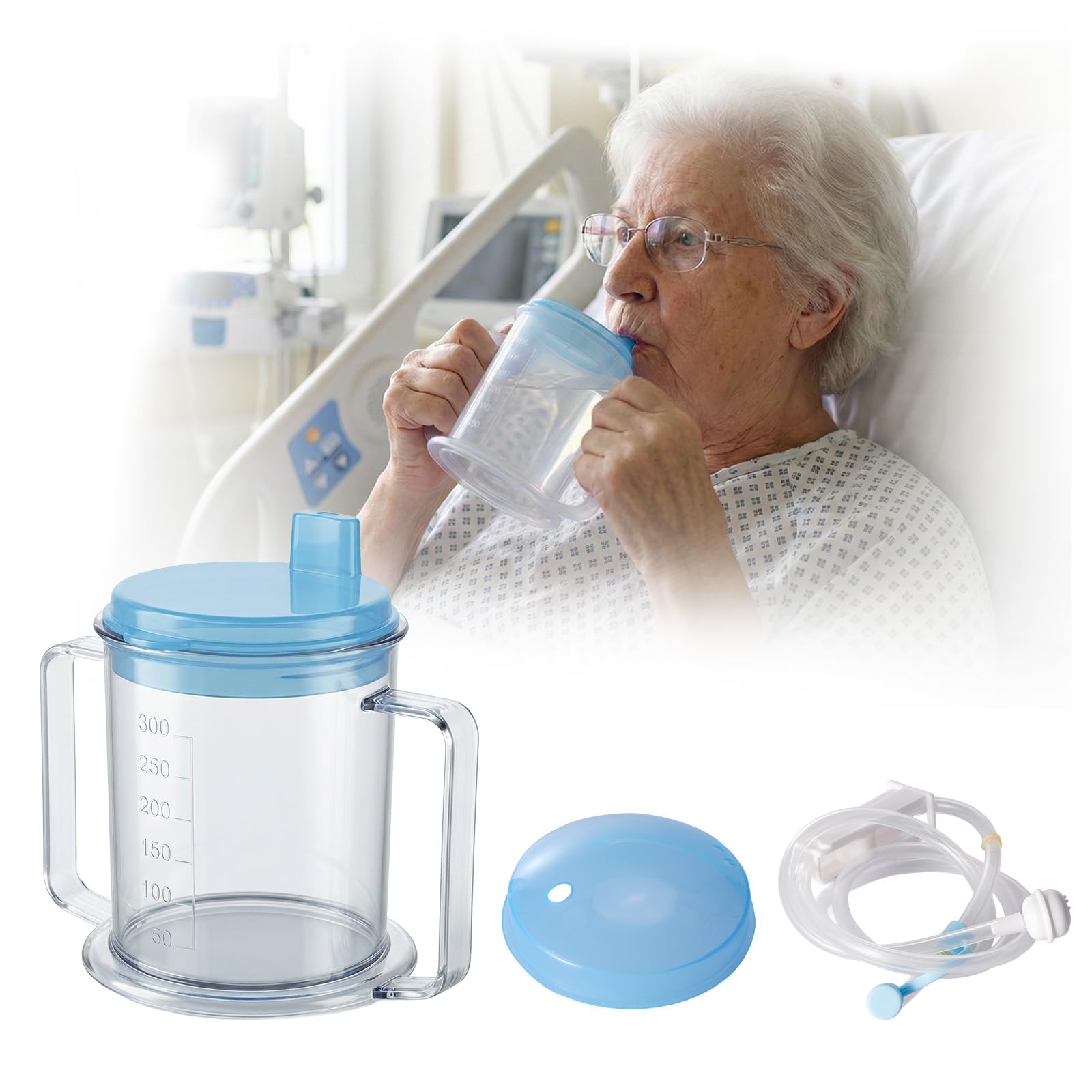 Cups for Elderly Spill Proof - 300ml Adult Drinking Cup for Elderly，With 1M Long Straw，Non Spill Cups for Adults Hospital Disabled Dysphagia Patients (Blue)-image-12