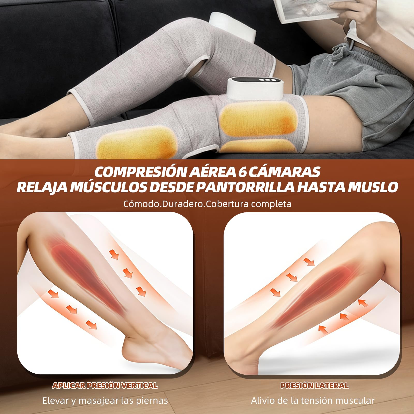 Masajeador piernas sin cables compresión aire 6 cámaras calor rodilla