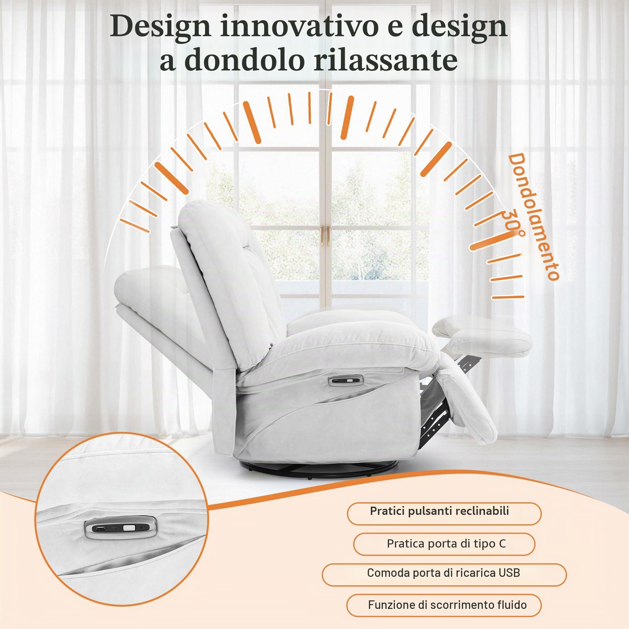 Poltrona relax elettrica per massaggio, riscaldamento vibrazionale, girevole con connettori tipo C e USB, 1 tasche laterali, poltrona reclinabile per TV, soggiorno (Bianco)