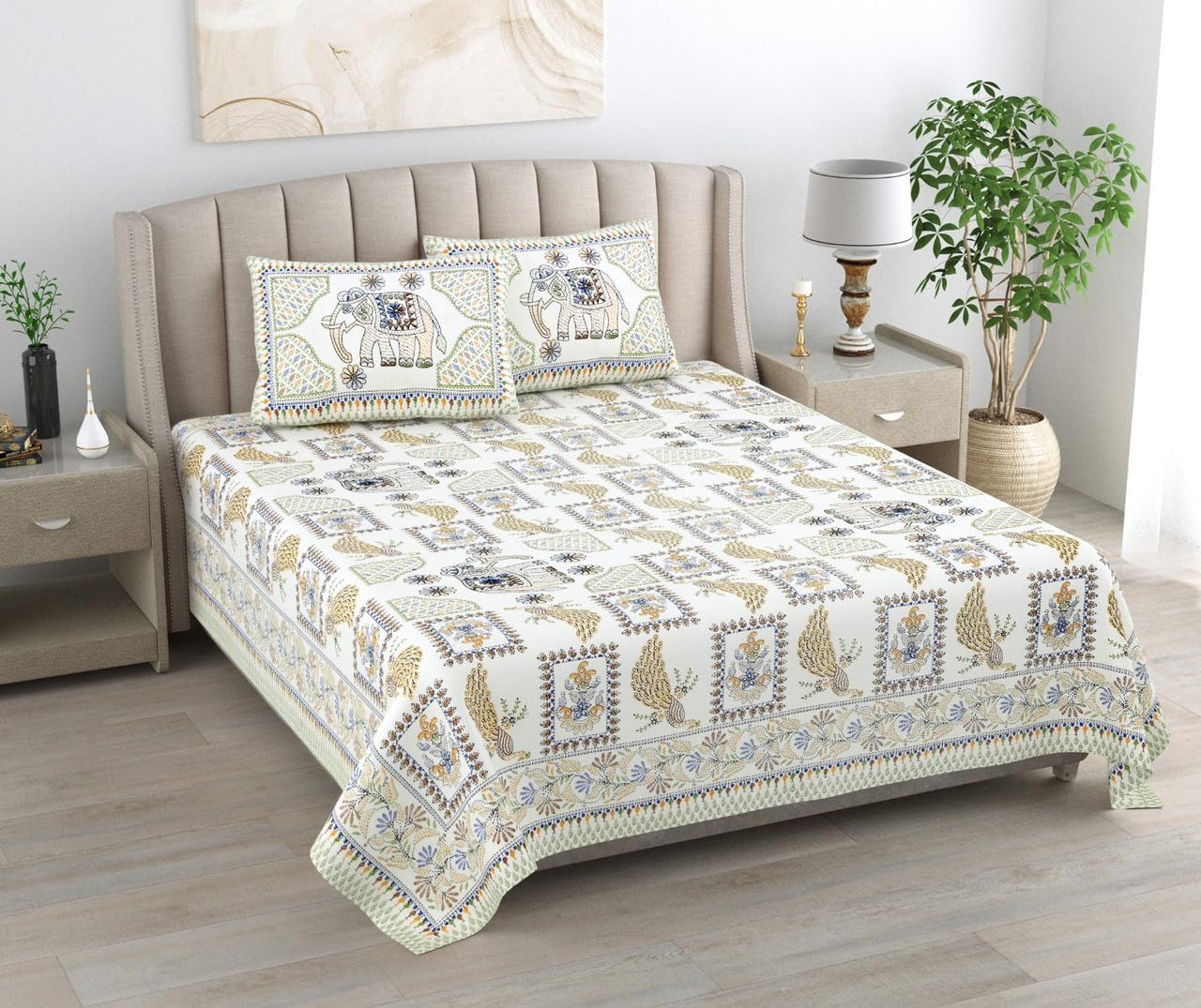 100% Cotton Peacock Pattern Double Bedsheet | 300 TC King Size Flat Bed Sheet with Matching Pillow Covers | Bed Linen for Home Décor & Gifting | 90 x 108 Inch | Light Yellow