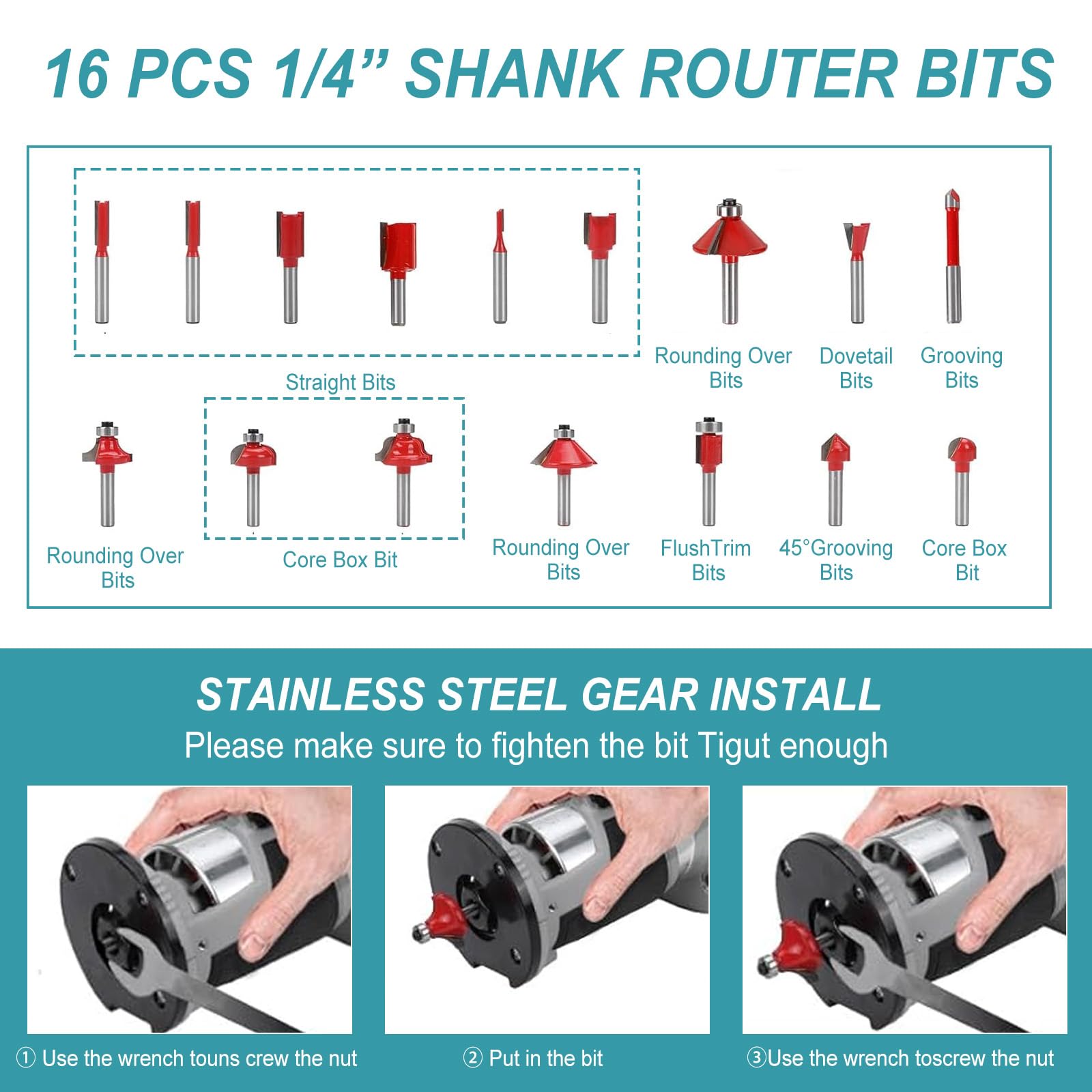 akku Makita 18V Oberfräse und bürstenloser Holztrimmer, 800W, mit 16 Stück 1/4" Hartmetall Fräser Set (ohne Akku & Ladegerät)