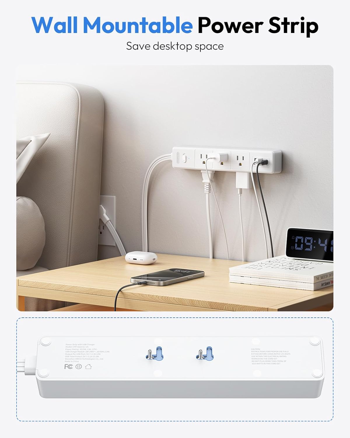 NTONPOWER Flat Extension Cord 10 ft, 1080J Surge Protector with Long Cord, 6 Outlets and 3 USB Ports(1 USB C), 1625W/13A Overload Protection, Wall Mount, Flat Plug Power Strip for Home, Dorm, Office