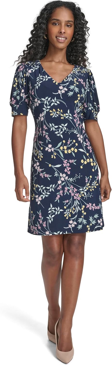 Tommy Hilfiger Womens Short Puff Sleeve V-Neck Floral Shift Mini Dress - Image 2