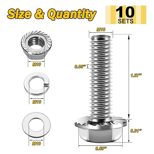 Miniatura 8 de Perno M6x1.0 (10 juegos) M6 x 0.787 in Brida Hex Head Tuercas y Pernos, Tornillos hexagonales de brida de perno M6 con tuercas y arandelas, Surtido